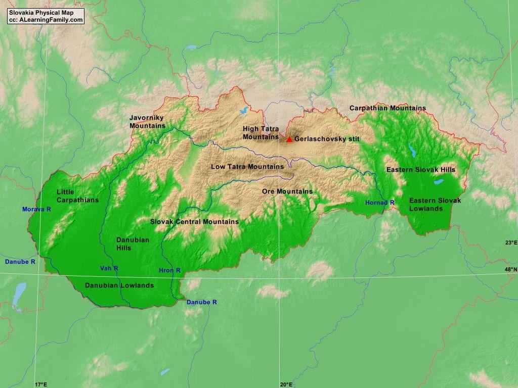 แผนที่ของสโลวาเกียทางกายภาพ
